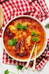 Italian Meat Parmigiana Baked in a Skillet.top veiw