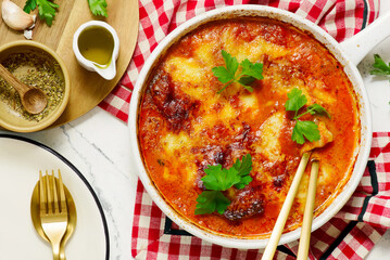 Italian Meat Parmigiana Baked in a Skillet.top veiw