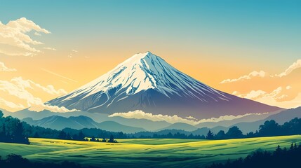 An anime-style landscape showcasing a snow-capped mountain dominating the horizon, verdant fields, layered hills, and a vibrant sunset creating a serene and captivating scene.