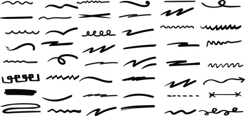 Vector swish swoosh squiggle lines set. Isolated fake signatures. 