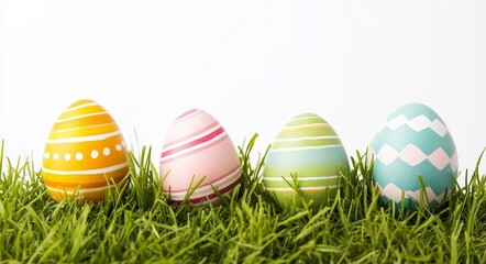 Fototapeta premium The Happy Easter template boasts an array of painted Easter eggs beautifully arranged on a green grass landscape with a transparent background