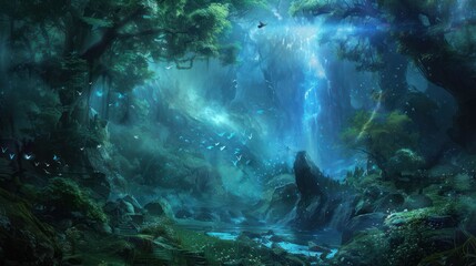 Obraz premium Magical Forest with Waterfall and Glowing Stream Fantasy Landscape Artwork