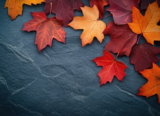 Obraz premium Colorful Maple Leaves on Slate Background for Autumn Season Concept