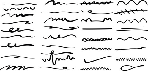 Vector swish swoosh squiggle lines set. Isolated fake signatures. 