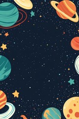 Colorful illustration featuring planets stars and other cosmic celestial objects