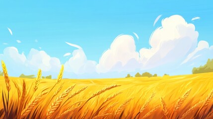 Obraz premium A golden wheat field swaying gently in the morning breeze, under a clear blue sky --ar 16:9 --v 6.1 Job ID: 5c4f6529-8ff1-42ed-8982-9d35f7eaba5f