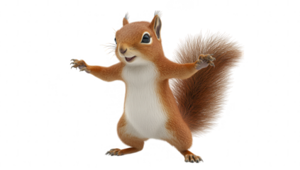 a cute animated squirrel stands with its arms outstretched showcasing a playful and friendly demeanor the character has a fluffy tail and a vibrant fur coat designed to evoke joy and charm