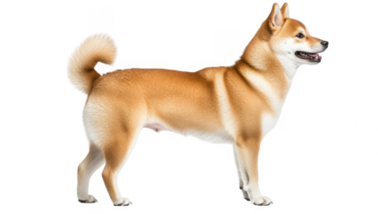 a shiba inu standing gracefully showcasing its distinctive coat and playful demeanor. dog's alert expression and well-defined posture emphasizing its charm and breed characteristics