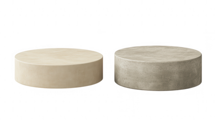 two round minimalist ottomans in different shades?one beige and one gray?designed for modern interiors they serve as stylish seating or decorative elements in living spaces