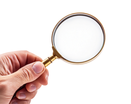 Hand Holding Brass Magnifying Glass on Transparent Background, PNG