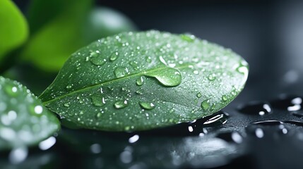Fresh, vibrant green leaf covered in glistening water droplets