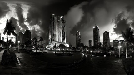 Obraz premium Cityscape panorama at night, dramatic sky, modern architecture, possible use for wallpaper or screensaver