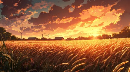 A breathtaking sunset over a wheat field, with wind turbines and a farmhouse, showcasing the beauty of the countryside and the golden hour glow.