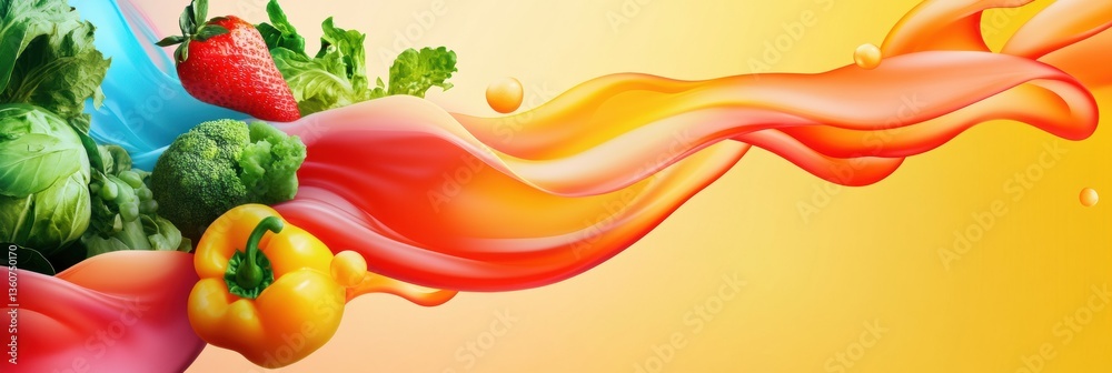 Poster Dynamic flow of fresh groceries in vibrant colors and smooth liquid gradients Generative AI
