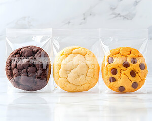 Three individually-packaged cookies on marble surface