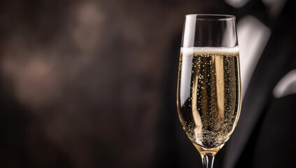 Close up of elegant champagne glass with sparkling golden bubbles in luxury setting with dark blurred background