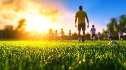 Fototapeta premium Sunset Soccer Game: Children Playing on a Lush Green Field