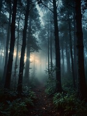 Naklejka premium Dreamlike foggy forest with glowing light