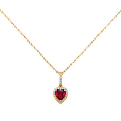 A romantic 18K gold necklace with heart shaped ruby pendant encrusted with diamonds on a polished chain Perfect for special occasions
