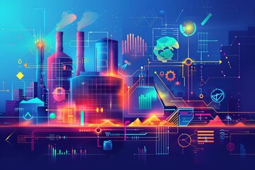 Fototapeta premium Modern renewable strategy illustration with digital flowcharts abstract eco symbols and vibrant gradient layers for a sleek clean look Strategy modern crisp