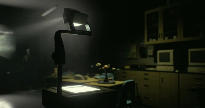 An empty classroom features an old overhead projector on a wooden table. Dim light filters through, casting shadows on the walls and highlighting a nostalgic atmosphere.