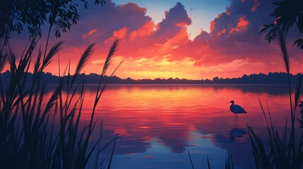 A vibrant sunset over a calm lake, with silhouettes of reeds and a heron. The sky is ablaze with red and orange hues reflecting on the water.