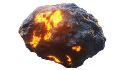 a glowing molten rock floating against a light background showcasing a mixture of dark textures and bright fiery patterns that suggest heat and volcanic activity