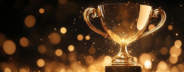 Golden trophy with glowing sparks, bokeh lights, and podium on a dark background; symbolizing victory, achievement, and success in competitions or gaming events. Close-up shot.