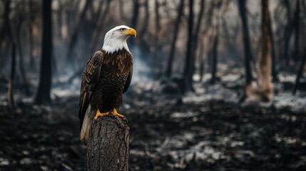 A bald eagle stands on a tree stump with background of the aftermath of wild fire devastation.