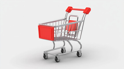 This glossy 3D shopping cart icon is designed for e-commerce use, featuring a red handle and a sleek metallic frame, highlighted on a pure white background to enhance visibility and appeal.