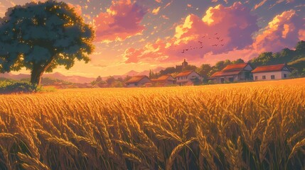 A vibrant sunset bathes a golden wheat field, with houses nestled in the distance, birds soaring, and a large tree creating a peaceful rural scene.