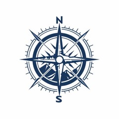 Clean vector logo of a compass rose with mountain peaks, bold geometric lines, minimalist flat gradients, adventure symbol.