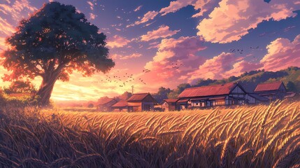 A breathtaking anime-style landscape featuring a wheat field, traditional houses, and a large tree under a colorful sunset sky. Birds fly above.