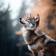 A majestic wolf gazing into the glowing horizon, fur illuminated by soft golden sunlight – majestic wolf, glowing horizon, soft golden sunlight