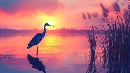 A majestic heron stands gracefully in tranquil water, reflecting a breathtaking sunset over a serene lake. Reeds sway in the foreground, creating a peaceful scene.