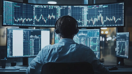 A skilled virtual reality investor explores intricate 3D stock charts using advanced technology. The environment features multiple monitors displaying financial data in real time.