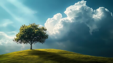 A lone tree stands on a grassy hill, contrasting against a vibrant sky with dramatic clouds and sunbeams. Peaceful scene showcasing nature's grandeur.