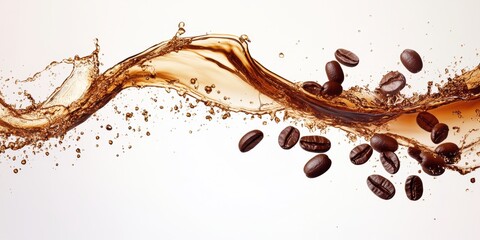 Obraz premium Coffee Beans Splash: A dynamic splash of coffee liquid with roasted coffee beans artfully arranged, creating a visually stunning image for coffee-related projects and designs.