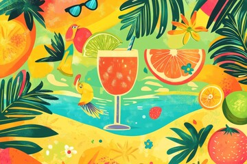 Obraz premium A vibrant colorful illustration of tropical drinks and fruits