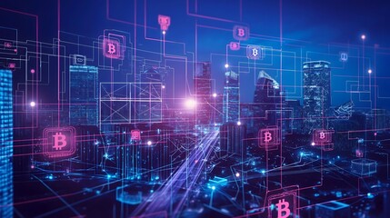 Obraz premium Cryptocurrency Network Over Cityscape at Night