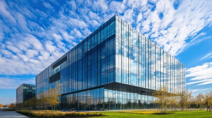 Fototapeta premium Modern glass office building facade reflects sky, clouds. Structure composed of many rectangular windows. Sky clear blue with white clouds. Design contemporary, sleek. Building looks tall, urban
