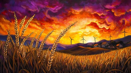 An artistic painting showcasing a wheat field at sunset with windmills and houses. The sky is filled with warm colors like orange and purple.