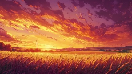 A stunning anime-style depiction of a wheat field bathed in the warm glow of a setting sun. Wind turbines dot the horizon against a vibrant sky.