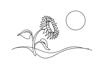 Single Line Sunflower Drawing, Sun, Minimalist Art, Nature, Field