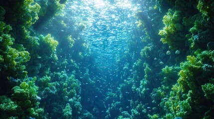 Fototapeta premium Stunning underwater scene of vibrant coral reef teeming with fish, sunlight filtering through the water, creating a magical, tranquil atmosphere.