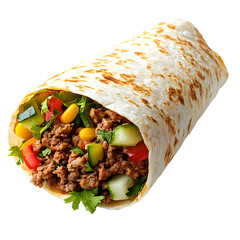 Delicious Beef Burrito with Vegetables, Beans, and Tortilla isolated on transparent
