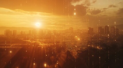 Futuristic Cityscape at Sunset with Digital Overlay