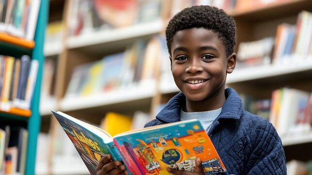 Young reader engrossed in an illustrated storybook within a library setting