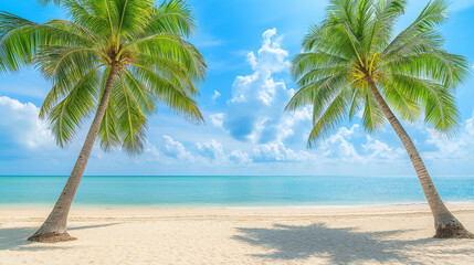 Fototapeta premium Tropical Beach Scene with Palms and Blue Sky Horizon.