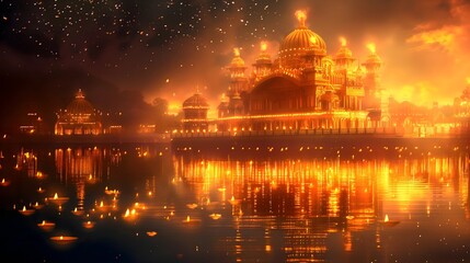 Illuminated Palace by Water at Night